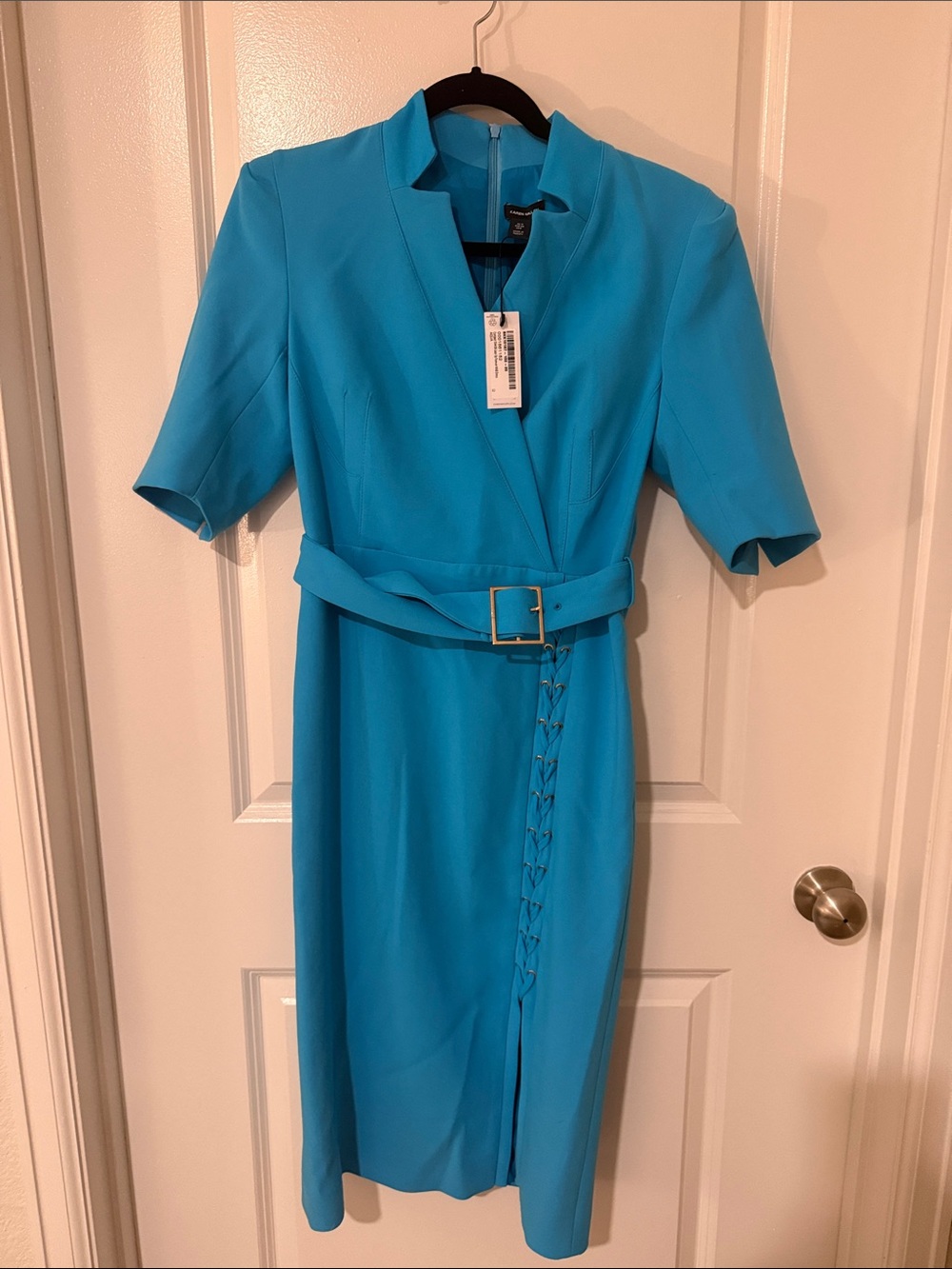 Karen Millen Bright Turquoise Midi Dress with Belt and Lace-Up Trim